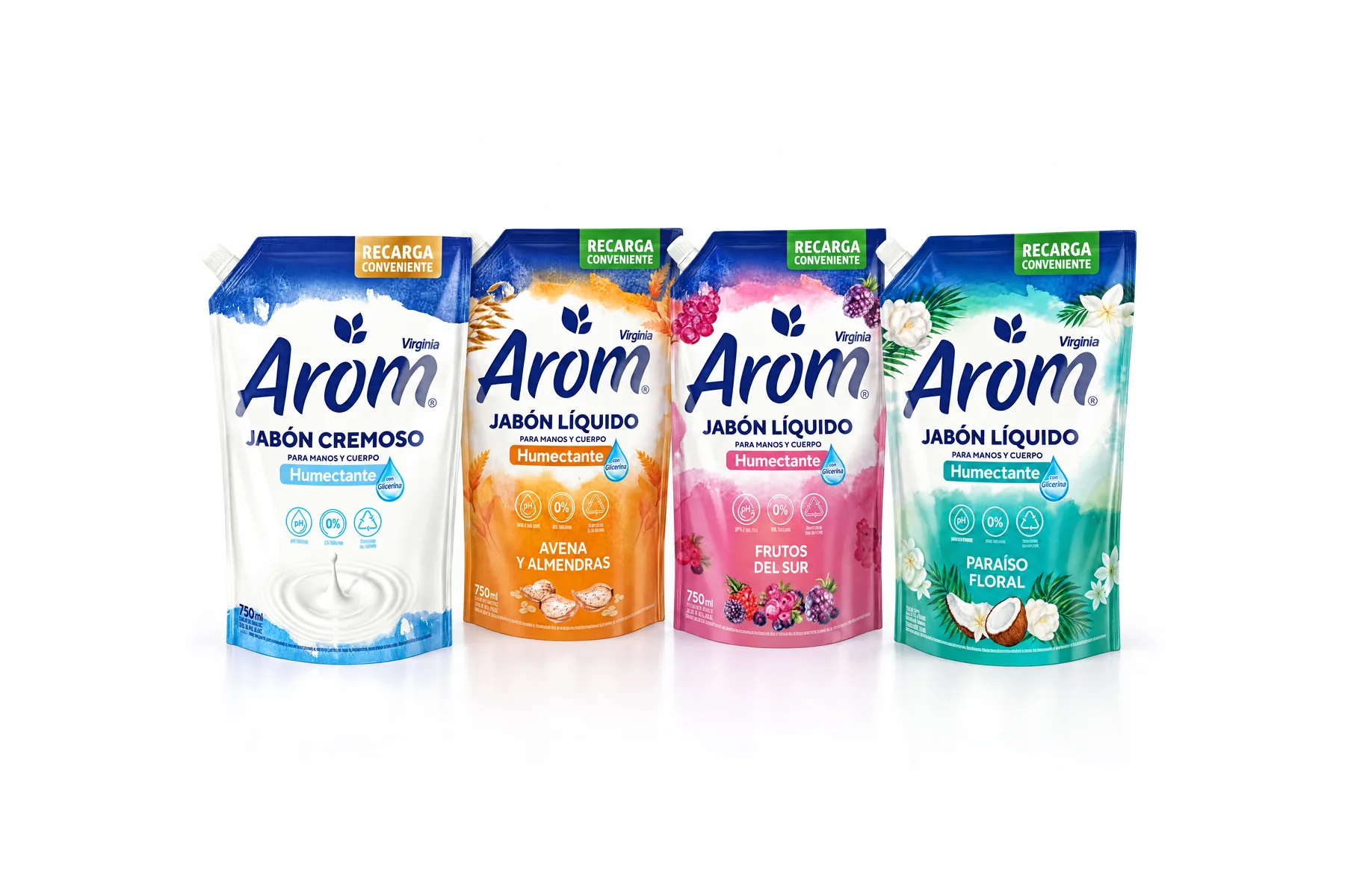 Jabones humectantes Arom en doypack de recarga de 750 ml: cremoso, avena y almendras, frutos del sur y paraíso floral, fabricados y envasados por Tressa para Empresas Demaria