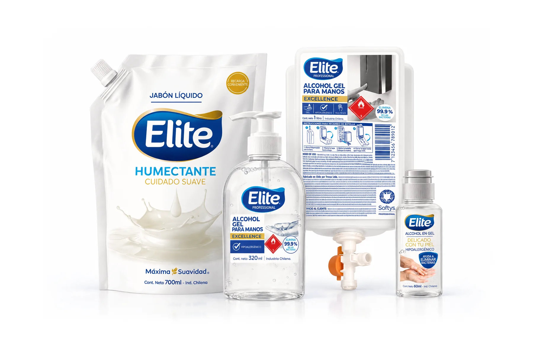 Jabón líquido humectante Elite en doypack de 700 ml, recarga Multiflex de alcohol gel y alcohol gel Elite Professional en pump de 320 ml y botella de 60 ml, fabricados por Tressa para Softys