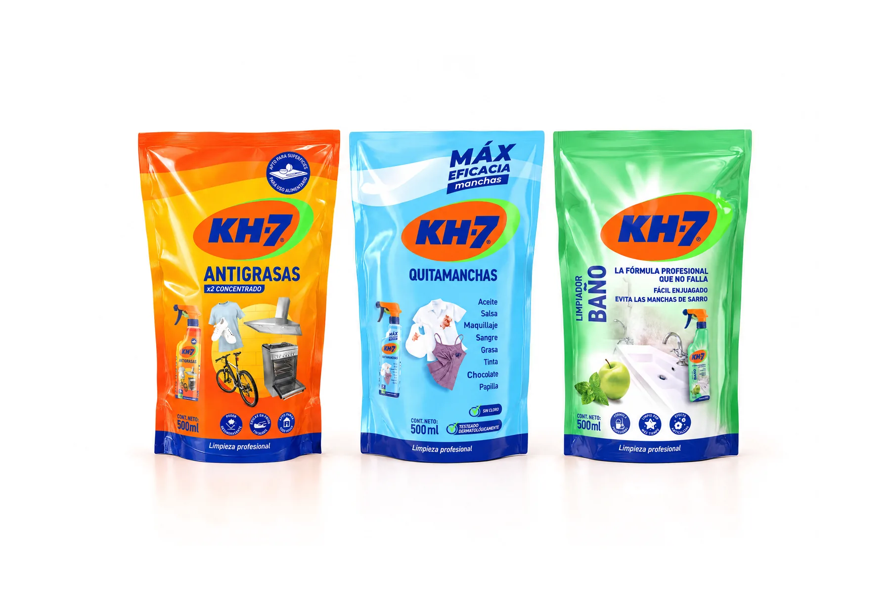 Doypacks KH-7 de 500 ml de antigrasas, quitamanchas y limpiador de baño, reconstituidos y envasados por Tressa en Chile