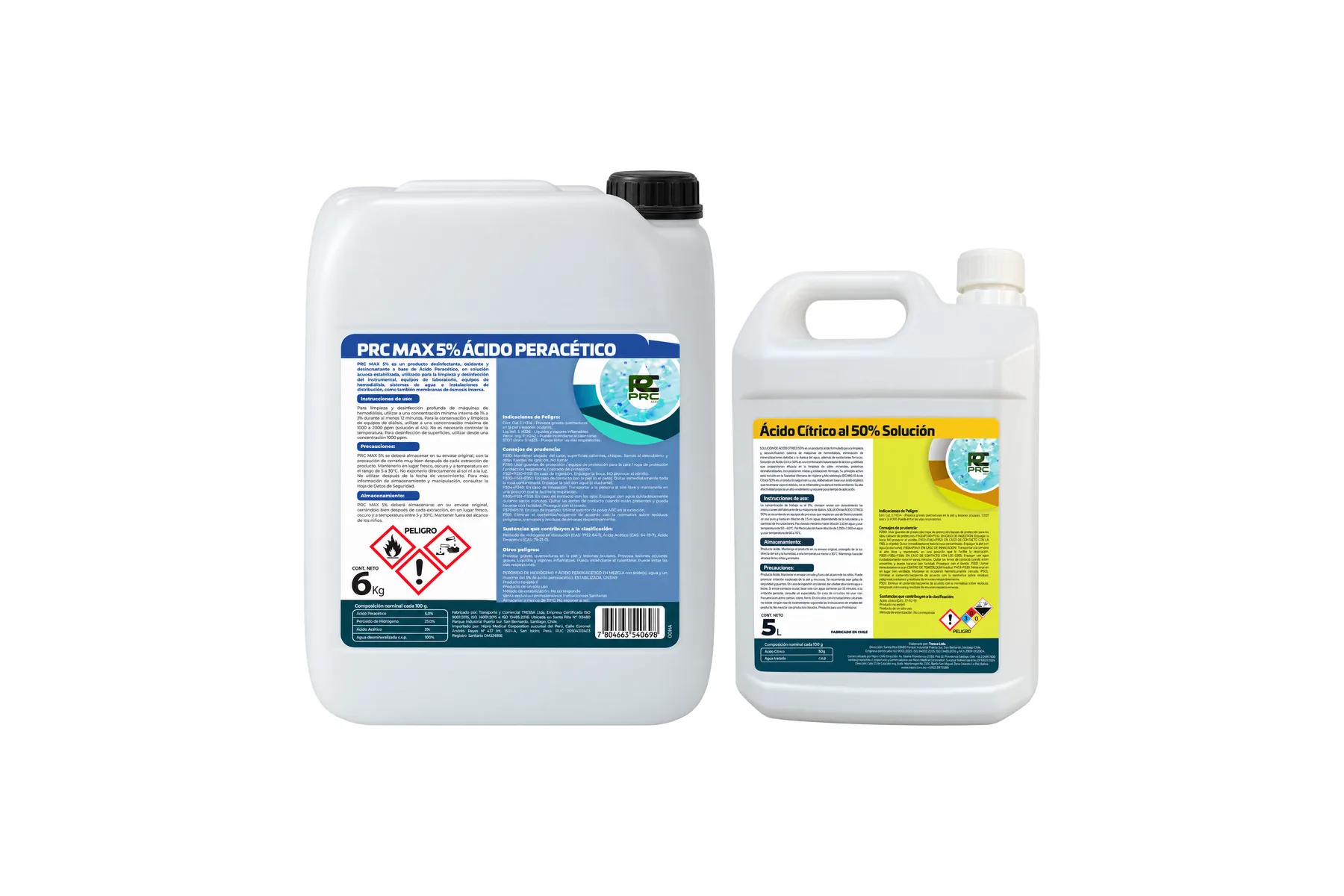 Bidones PRC MAX de ácido peracético al 5 % de 6 kg y ácido cítrico al 50 % de 5 L para desinfección de máquinas de hemodiálisis, fabricados por Tressa para Nipro