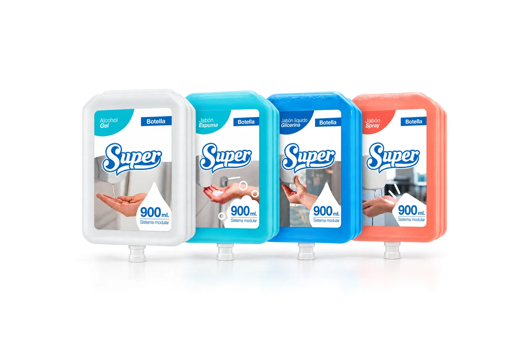 Recargas modulares Super de 900 ml de alcohol gel, jabón en espuma, jabón con glicerina y jabón spray, fabricadas y envasadas por Tressa para Panasa