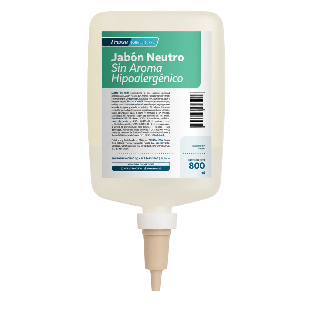 Frasco colapsable de 800 mL de Jabón Neutro Sin Aroma Hipoalergénico Tressa Medical